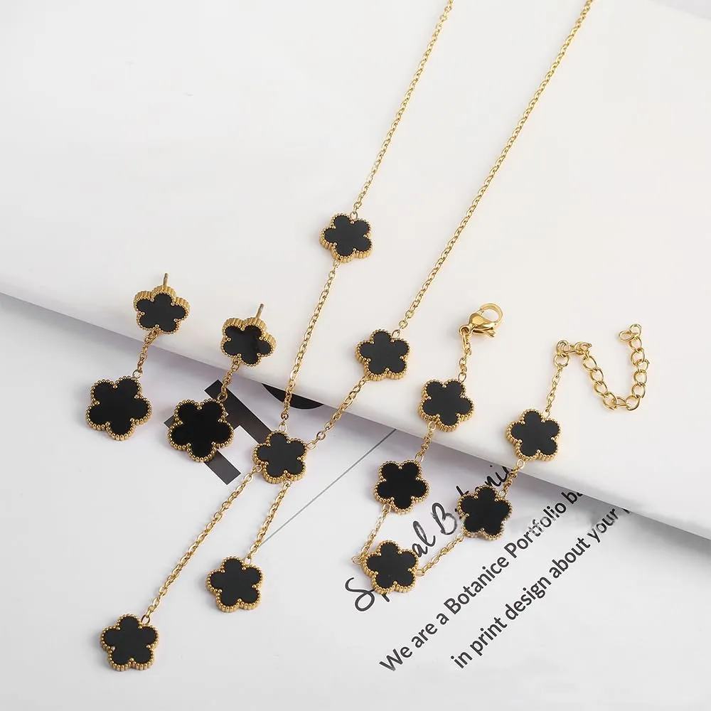 XFSRG Set Di Gioielli Con Quadrifogli Fortunato Delicato Gioielli 18k Placcato Oro Collana Orecchini Bracciali Per Mamma Moglie Fidanzata Donna Ragazze(Nero) - immagine 4