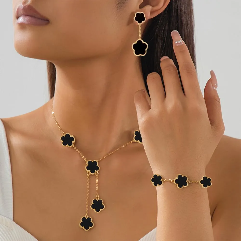 XFSRG Set Di Gioielli Con Quadrifogli Fortunato Delicato Gioielli 18k Placcato Oro Collana Orecchini Bracciali Per Mamma Moglie Fidanzata Donna Ragazze(Nero) - immagine 5