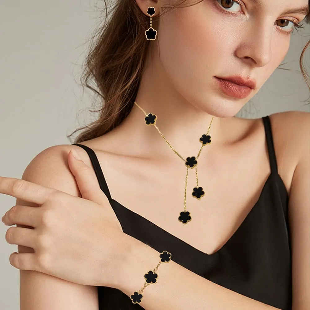 XFSRG Set Di Gioielli Con Quadrifogli Fortunato Delicato Gioielli 18k Placcato Oro Collana Orecchini Bracciali Per Mamma Moglie Fidanzata Donna Ragazze(Nero) - immagine 6