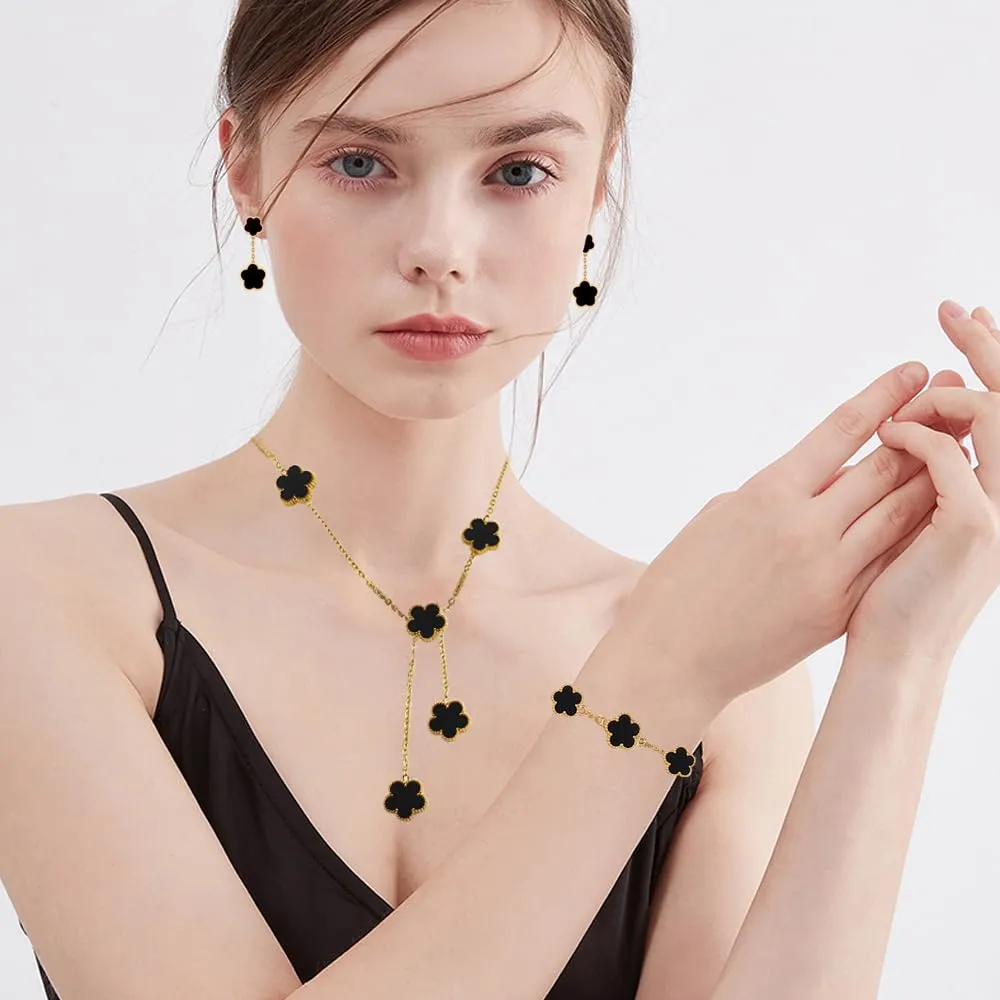 XFSRG Set Di Gioielli Con Quadrifogli Fortunato Delicato Gioielli 18k Placcato Oro Collana Orecchini Bracciali Per Mamma Moglie Fidanzata Donna Ragazze(Nero) - immagine 7