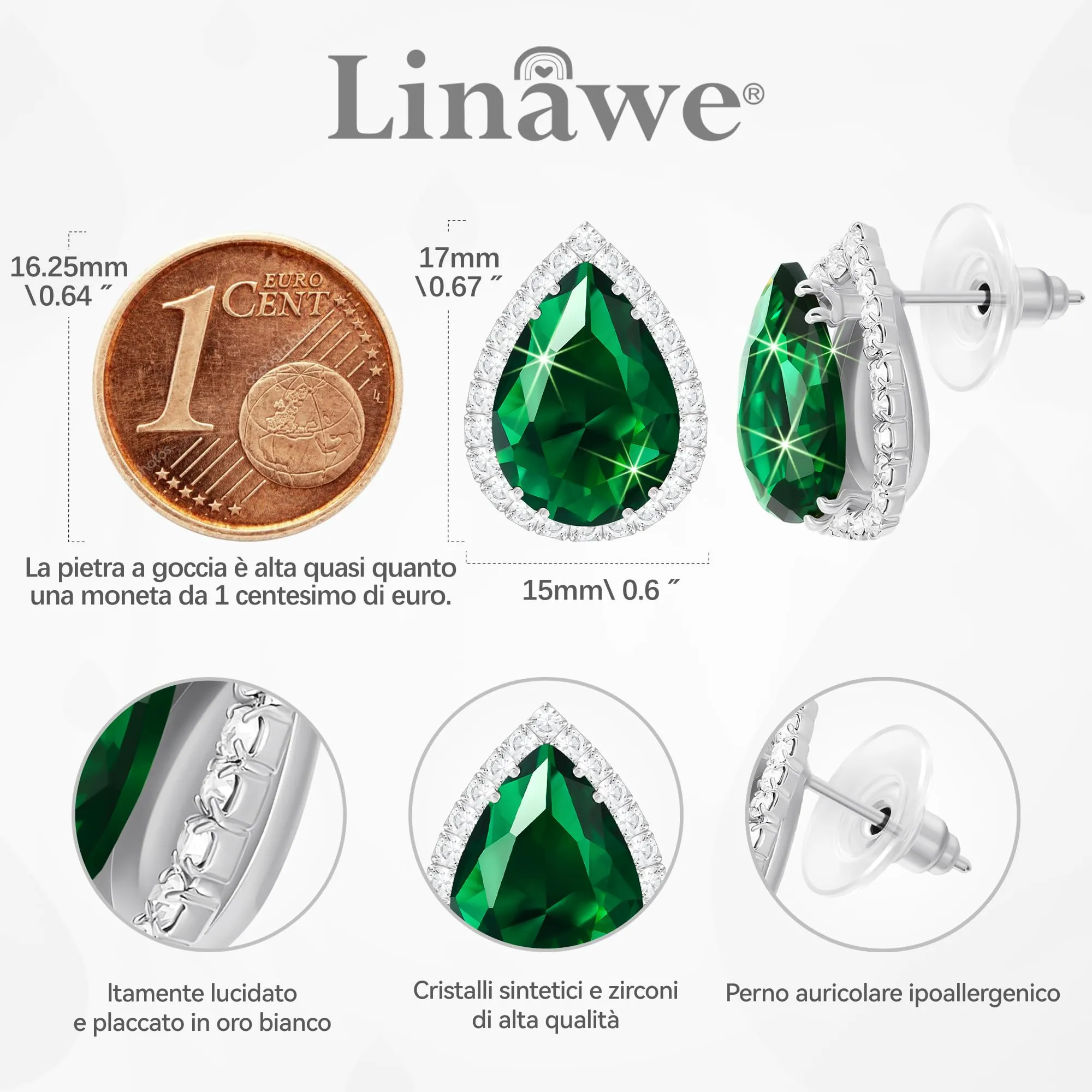 Linawe Orecchini verdi in argento, gioielli alla moda, orecchini a bottone da donna, set di gioielli ipoallergenici con diamanti senza nichel - immagine 2