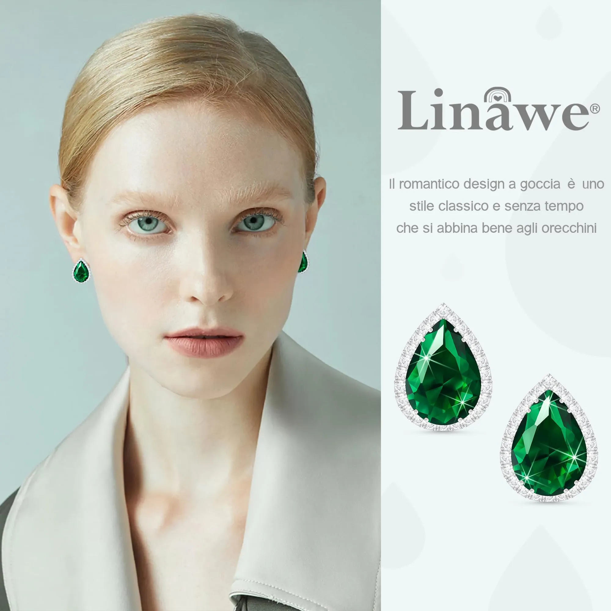 Linawe Orecchini verdi in argento, gioielli alla moda, orecchini a bottone da donna, set di gioielli ipoallergenici con diamanti senza nichel - immagine 3