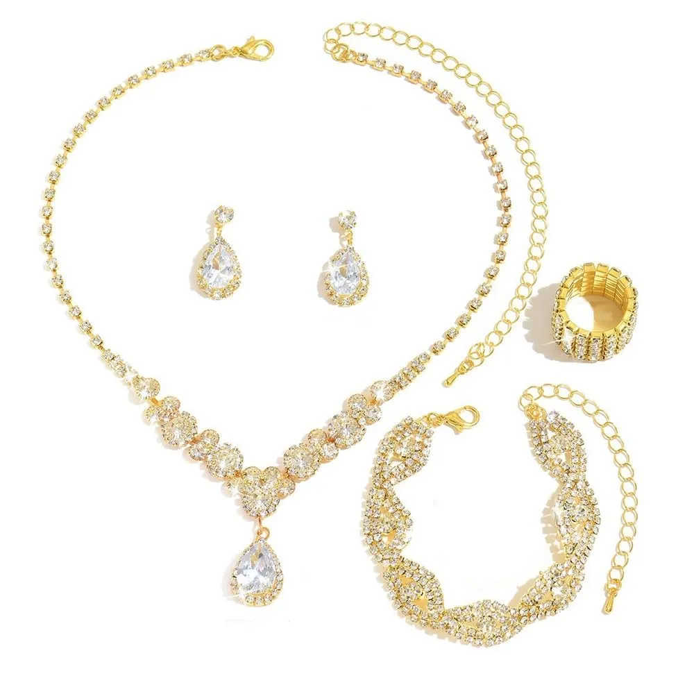 XFSRG Donna Elegant Zirconia Cubici Collana Bracciali Orecchini e Anelli Set Gioielli da Sposa Stile Vintage Accessori per le Donne (Oro) - immagine 1