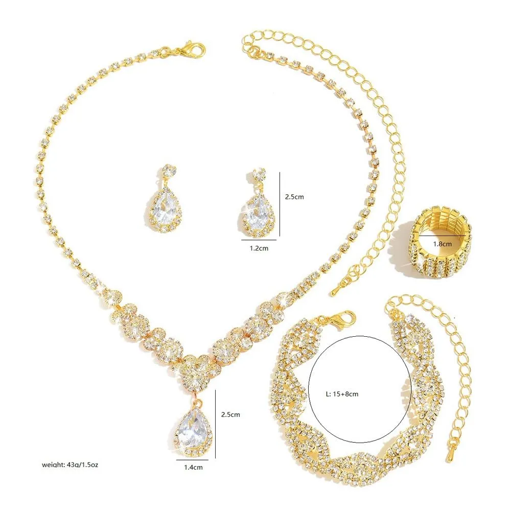 XFSRG Donna Elegant Zirconia Cubici Collana Bracciali Orecchini e Anelli Set Gioielli da Sposa Stile Vintage Accessori per le Donne (Oro) - immagine 2