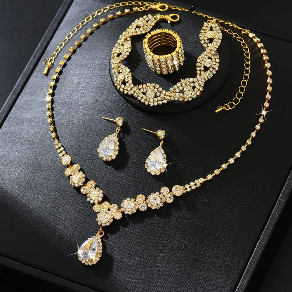 XFSRG Donna Elegant Zirconia Cubici Collana Bracciali Orecchini e Anelli Set Gioielli da Sposa Stile Vintage Accessori per le Donne (Oro) - immagine 3