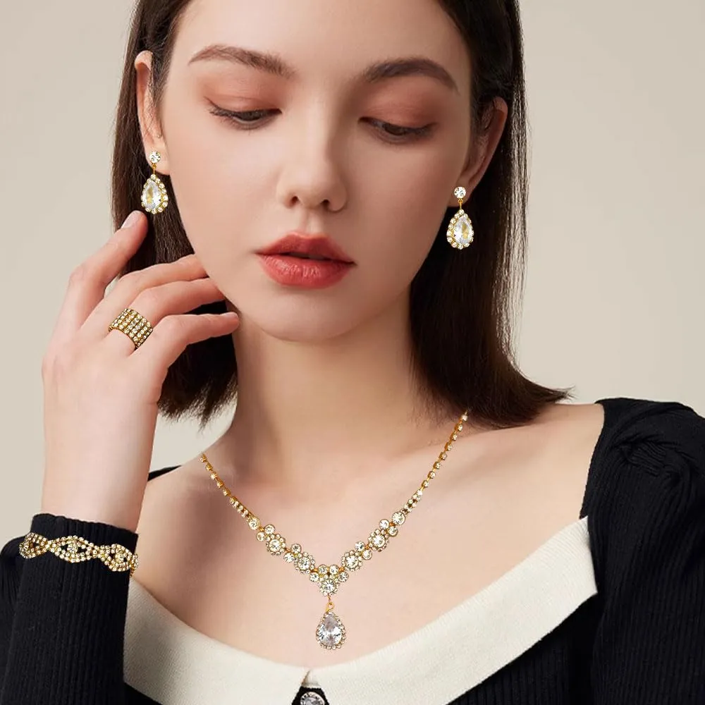 XFSRG Donna Elegant Zirconia Cubici Collana Bracciali Orecchini e Anelli Set Gioielli da Sposa Stile Vintage Accessori per le Donne (Oro) - immagine 4