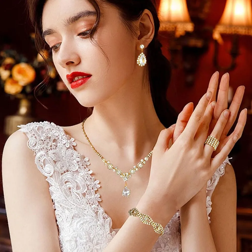 XFSRG Donna Elegant Zirconia Cubici Collana Bracciali Orecchini e Anelli Set Gioielli da Sposa Stile Vintage Accessori per le Donne (Oro) - immagine 6