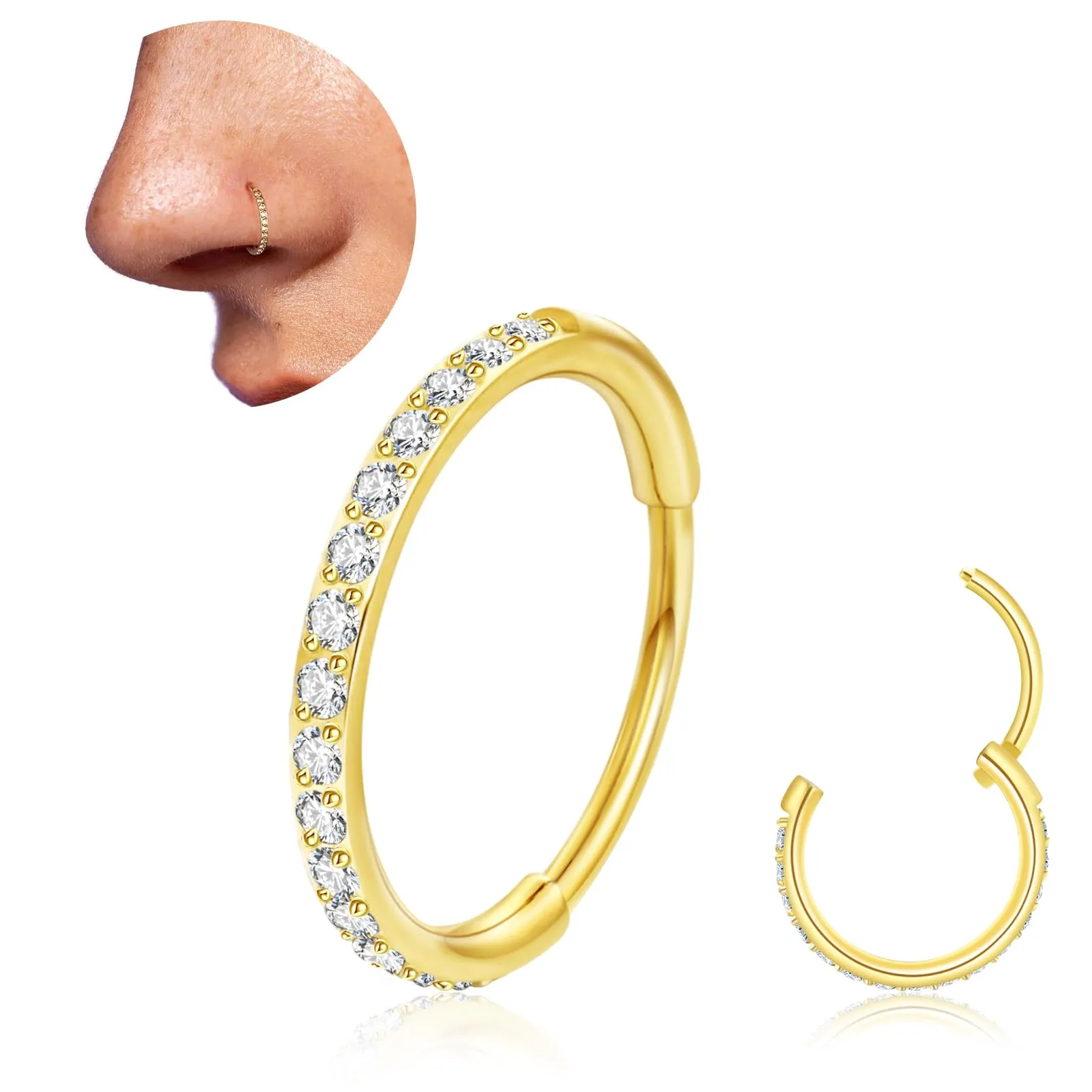 Anello da naso in titanio da 20 g, orecchini a cerchio per uomo e donna, anello da naso con cerniera in argento e oro con zirconia cubica per trago, daith, conchiglia, elix, setto, gioielli, 6mm - immagine 1
