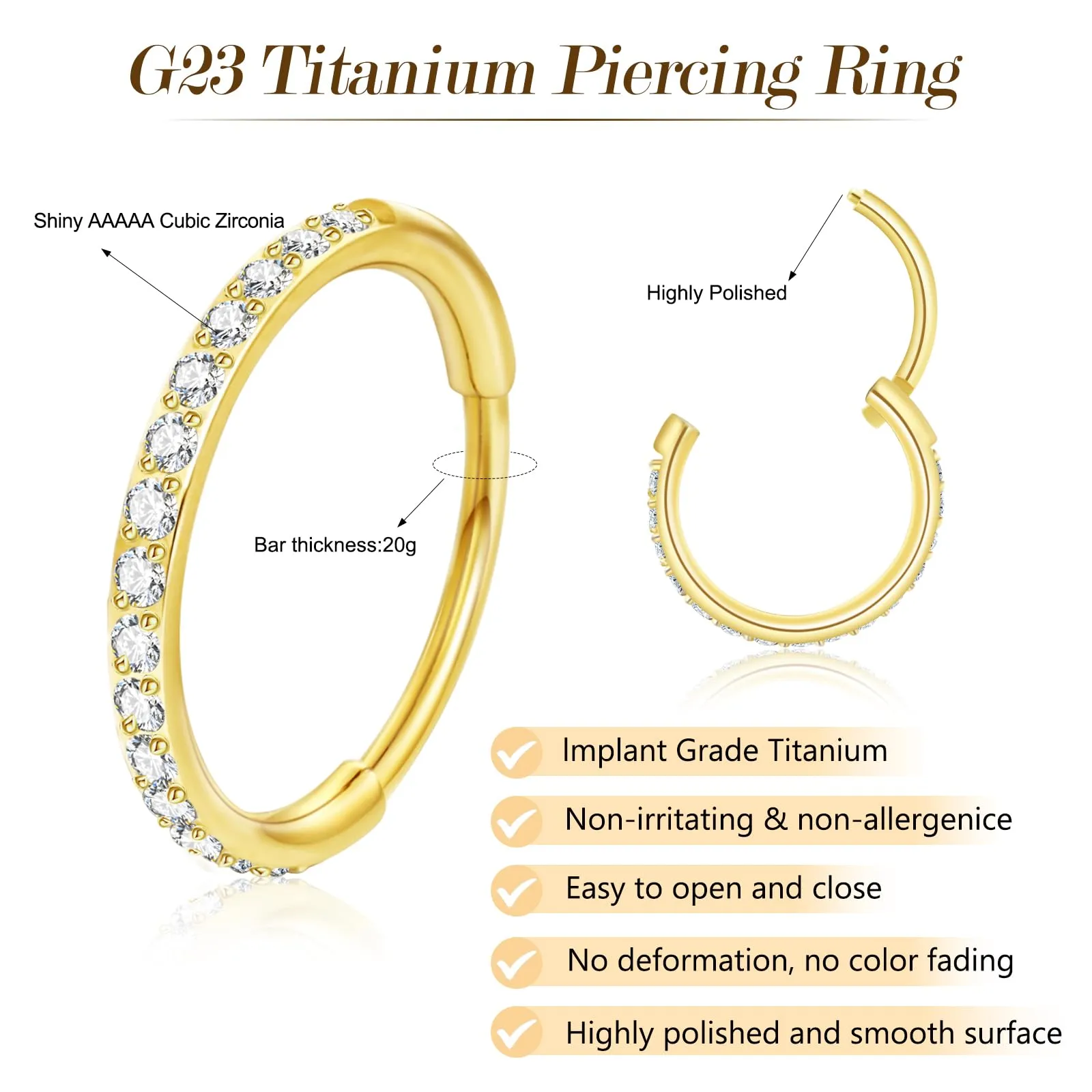 Anello da naso in titanio da 20 g, orecchini a cerchio per uomo e donna, anello da naso con cerniera in argento e oro con zirconia cubica per trago, daith, conchiglia, elix, setto, gioielli, 6mm - immagine 3