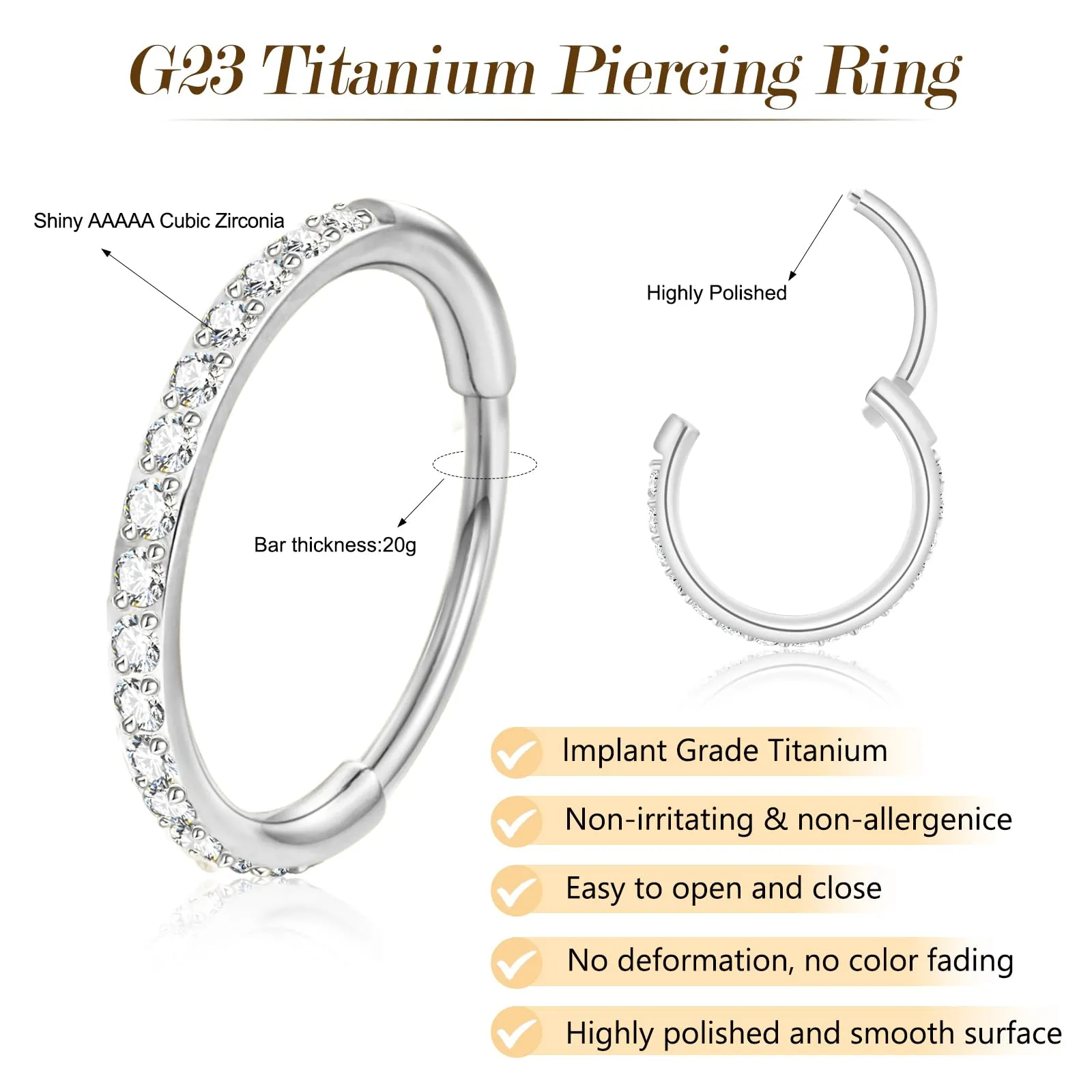 20 g piercing al naso in titanio, anello, oro, argento, anello nasale, anallergico, piercing nasale medico, in acciaio chirurgico, helix, piercing, anelli nasali, zircone, anello nasale, gioielli per - immagine 3