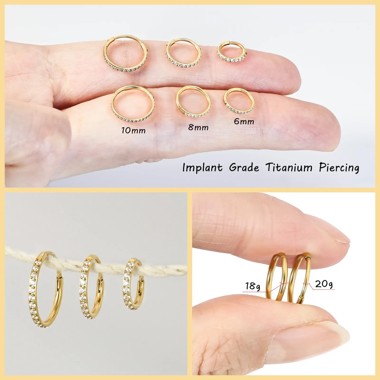 Anello nasale in titanio da 20 g, per uomo e donna, con cerniera, in argento e oro, con zirconi per l'orecchio superiore, trago, daith conch, helix, setto nasale, 10 mm, Acciaio inossidabile, Zirconia - immagine 5