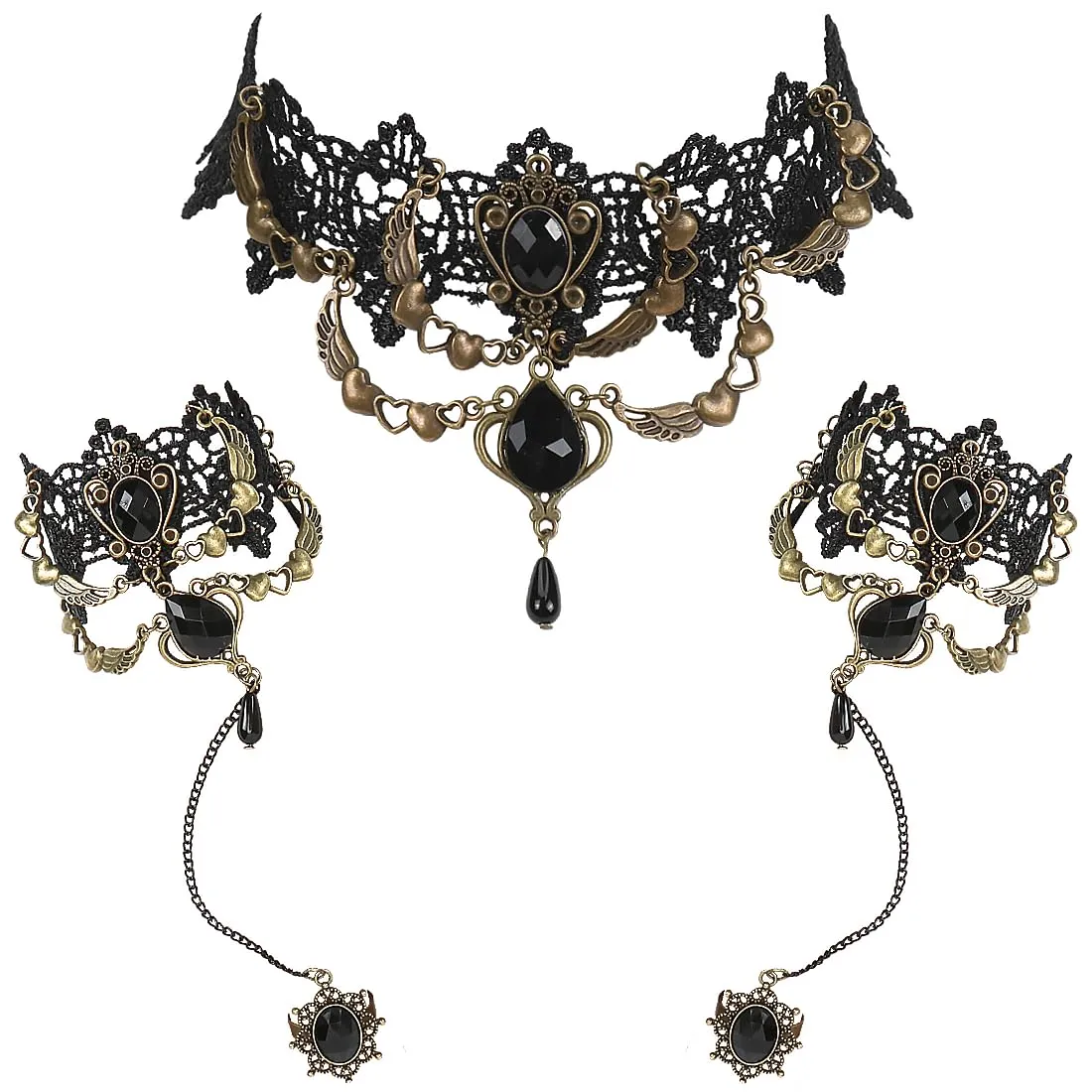 VerLuky 3 Pezzi Collana Girocollo Braccialetti Gotici,Accessori di Gioielli Gotici da Donna,Braccialetto in Pizzo da Vampiro per Accessori da Strega di Carnevale di Halloween - immagine 1