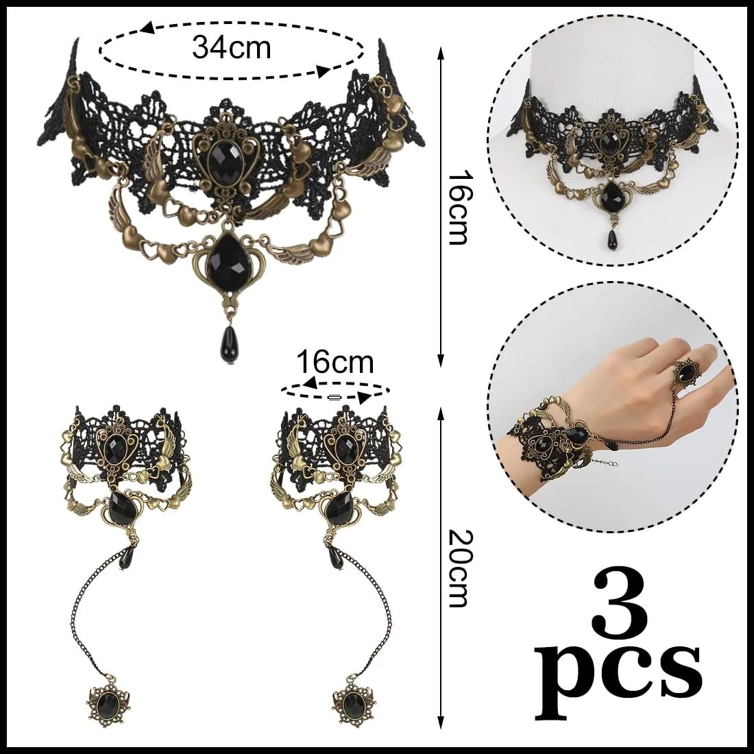 VerLuky 3 Pezzi Collana Girocollo Braccialetti Gotici,Accessori di Gioielli Gotici da Donna,Braccialetto in Pizzo da Vampiro per Accessori da Strega di Carnevale di Halloween - immagine 2