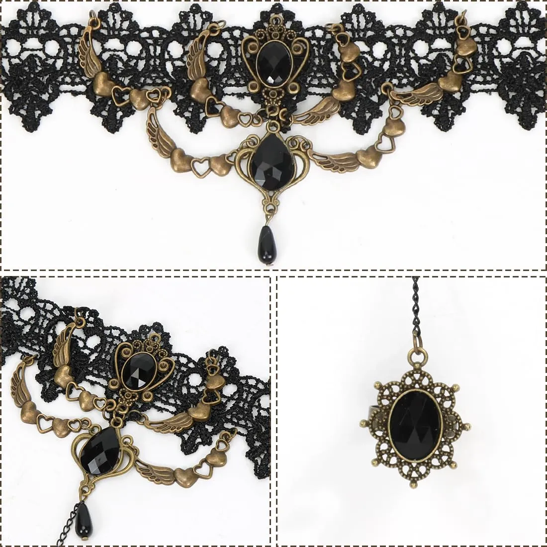 VerLuky 3 Pezzi Collana Girocollo Braccialetti Gotici,Accessori di Gioielli Gotici da Donna,Braccialetto in Pizzo da Vampiro per Accessori da Strega di Carnevale di Halloween - immagine 3