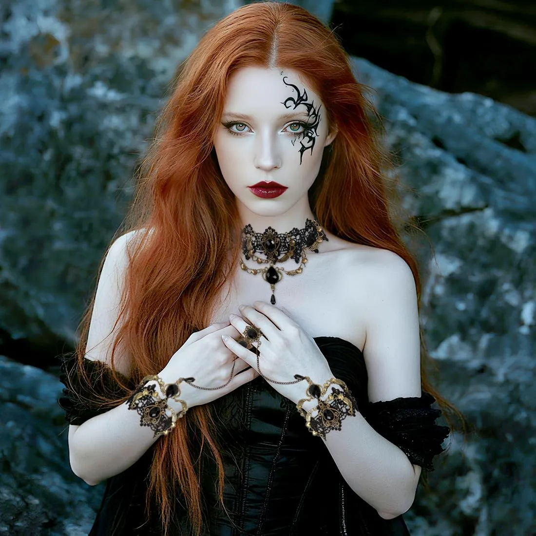 VerLuky 3 Pezzi Collana Girocollo Braccialetti Gotici,Accessori di Gioielli Gotici da Donna,Braccialetto in Pizzo da Vampiro per Accessori da Strega di Carnevale di Halloween - immagine 4