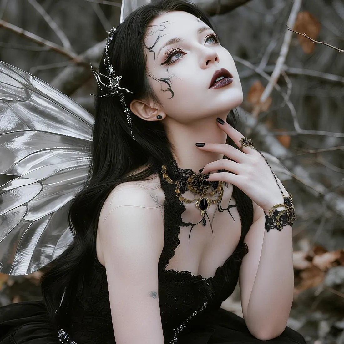 VerLuky 3 Pezzi Collana Girocollo Braccialetti Gotici,Accessori di Gioielli Gotici da Donna,Braccialetto in Pizzo da Vampiro per Accessori da Strega di Carnevale di Halloween - immagine 5