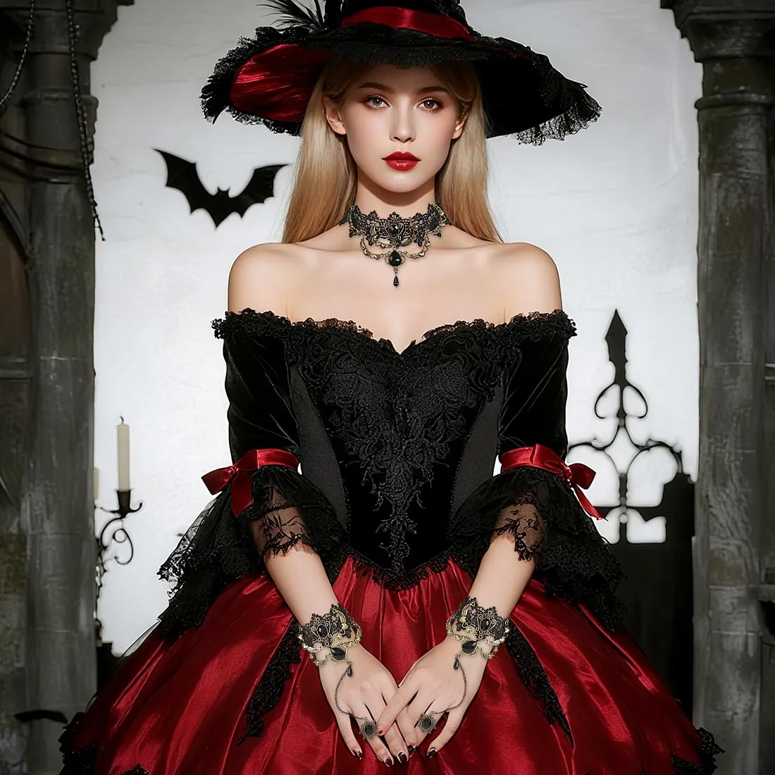 VerLuky 3 Pezzi Collana Girocollo Braccialetti Gotici,Accessori di Gioielli Gotici da Donna,Braccialetto in Pizzo da Vampiro per Accessori da Strega di Carnevale di Halloween - immagine 7