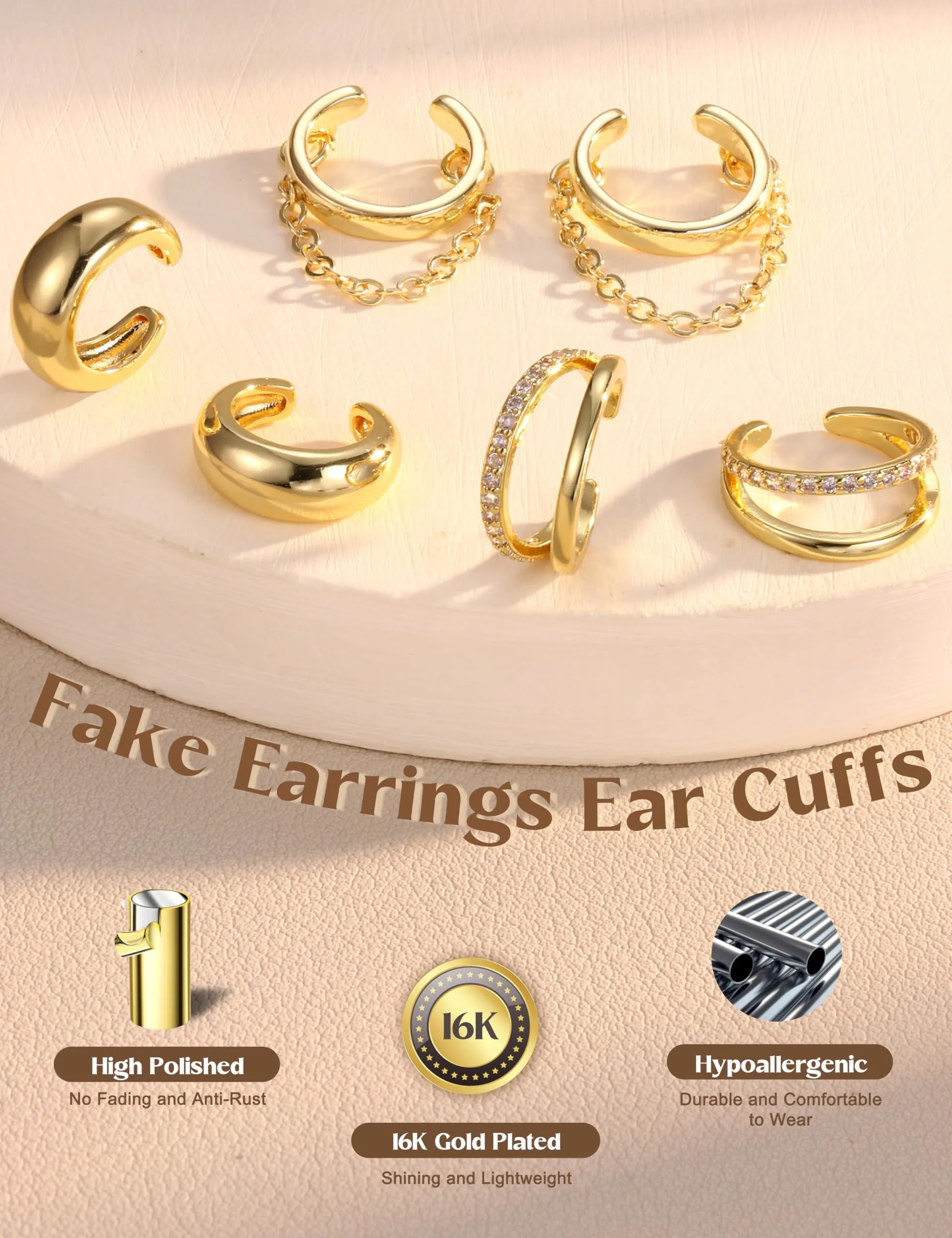 Adramata 3 Paia Ear Cuff Orecchini Donna Senza Buco Regolabili - immagine 2
