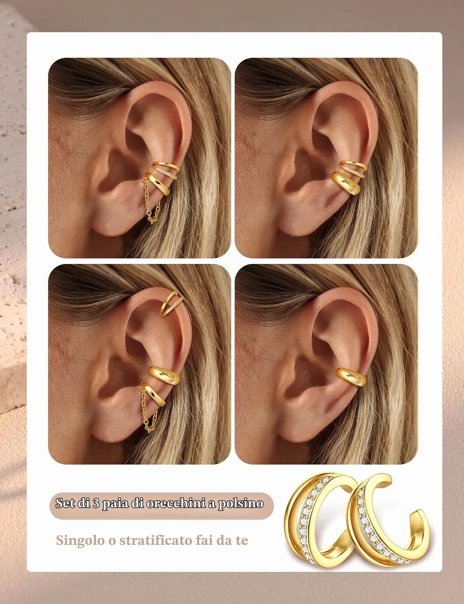 Adramata 3 Paia Ear Cuff Orecchini Donna Senza Buco Regolabili - immagine 3