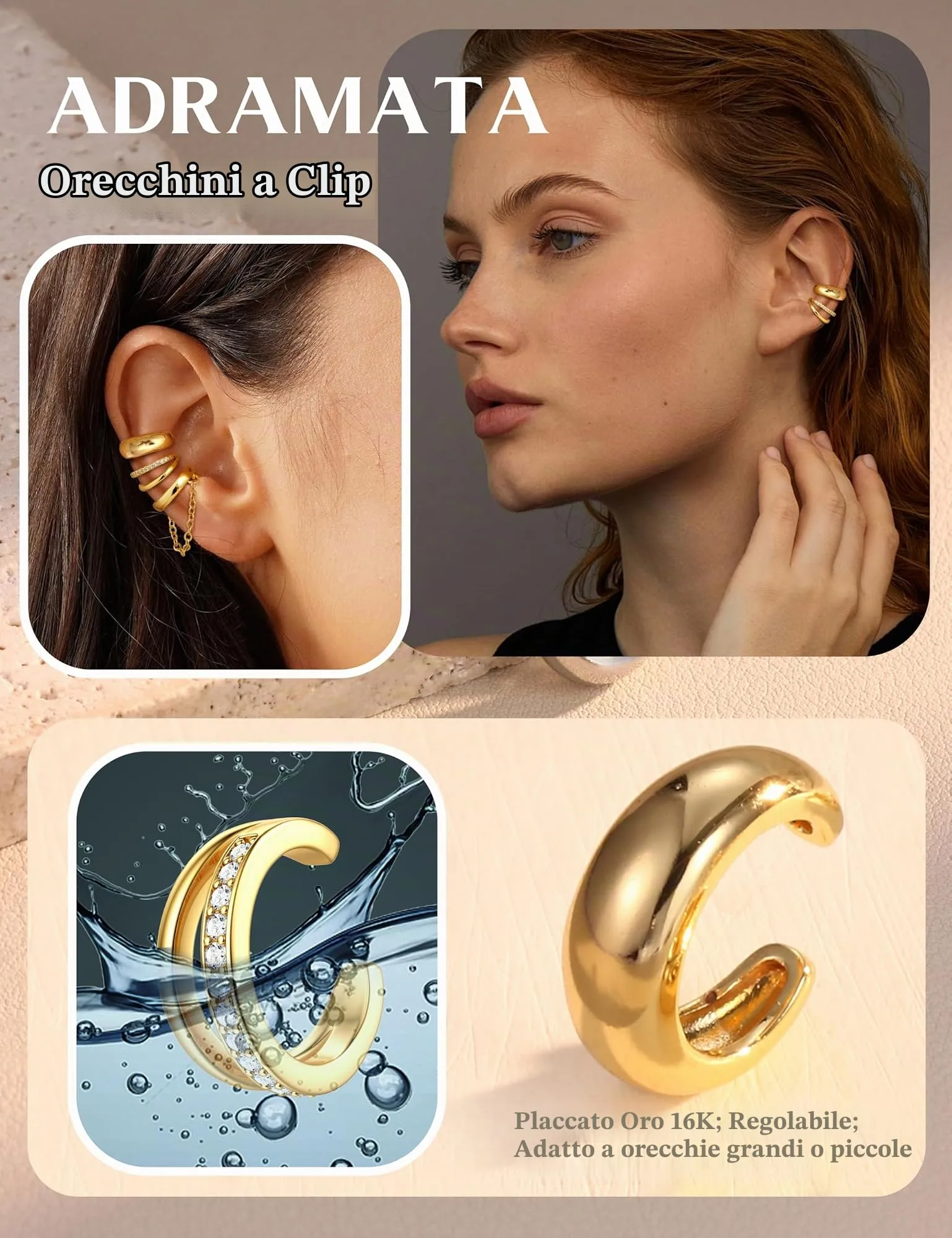 Adramata 3 Paia Ear Cuff Orecchini Donna Senza Buco Regolabili - immagine 7