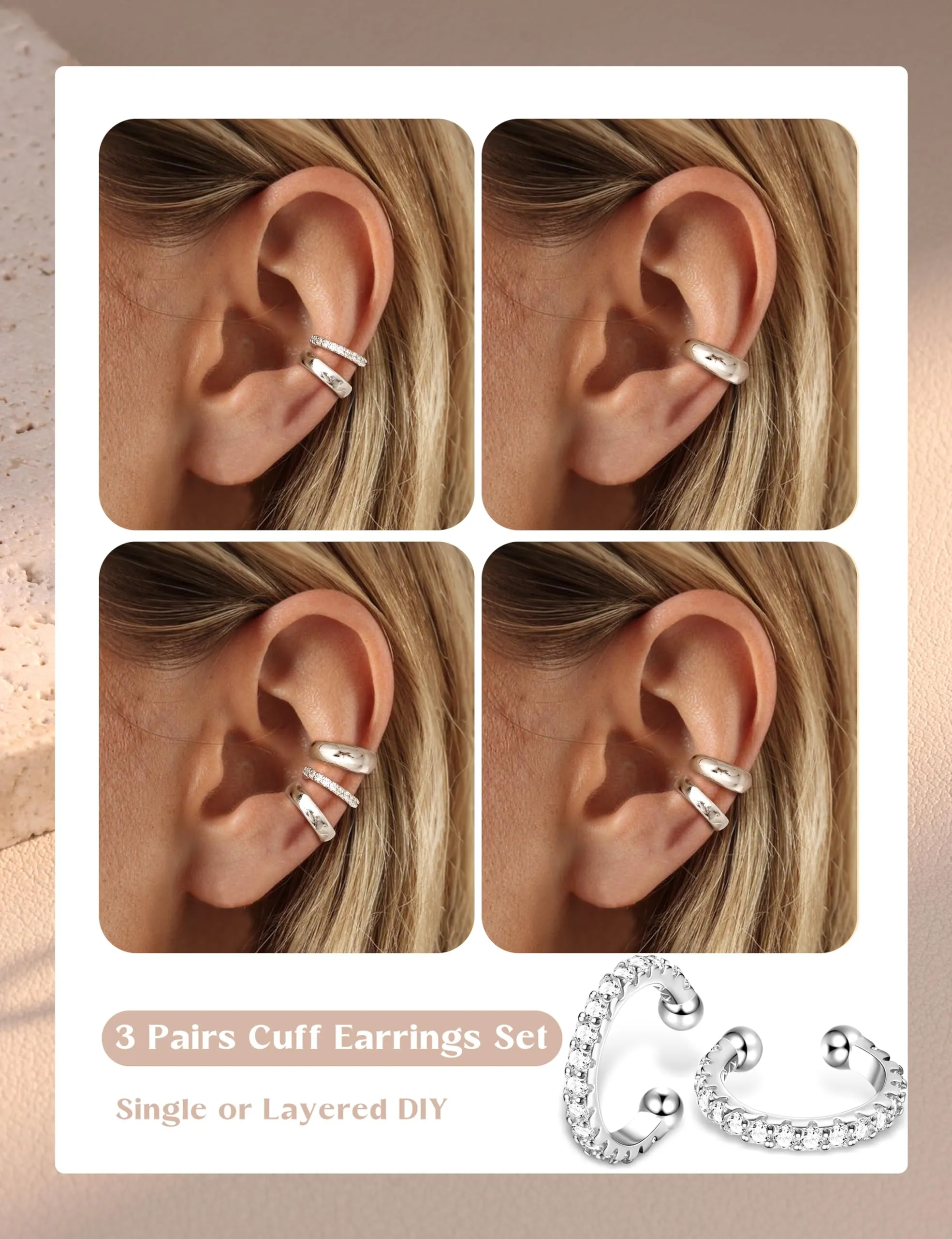 Adramata 3 Paia Ear Cuff Orecchini Donna Senza Buco Regolabili - immagine 3