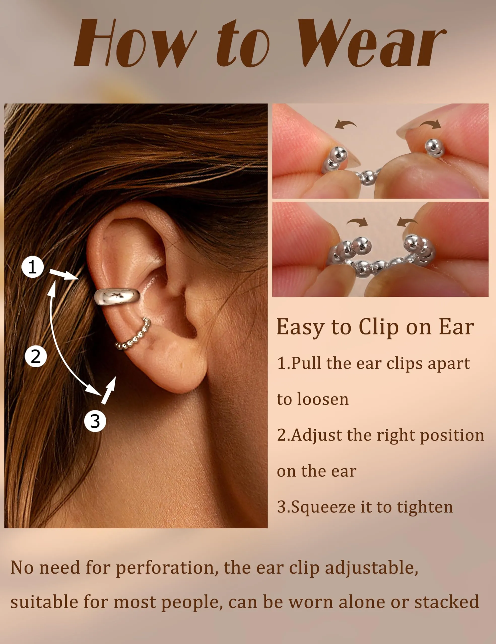 Adramata 3 Paia Ear Cuff Orecchini Donna Senza Buco Regolabili - immagine 6