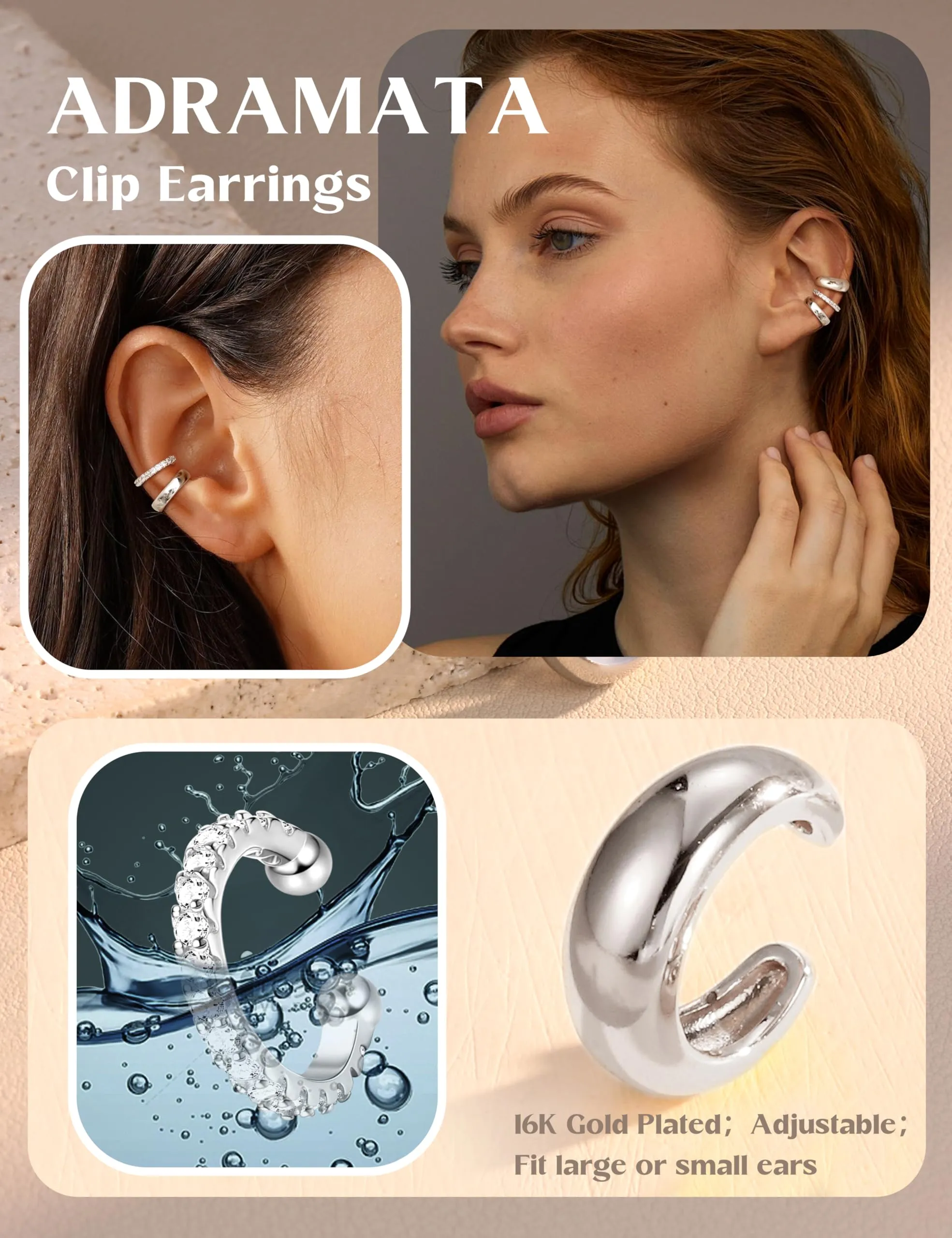 Adramata 3 Paia Ear Cuff Orecchini Donna Senza Buco Regolabili - immagine 7
