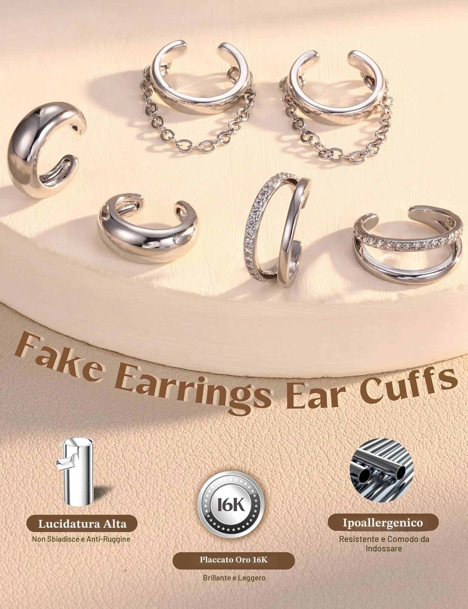 Adramata 3 Paia Ear Cuff Orecchini Donna Senza Buco Regolabili - immagine 2