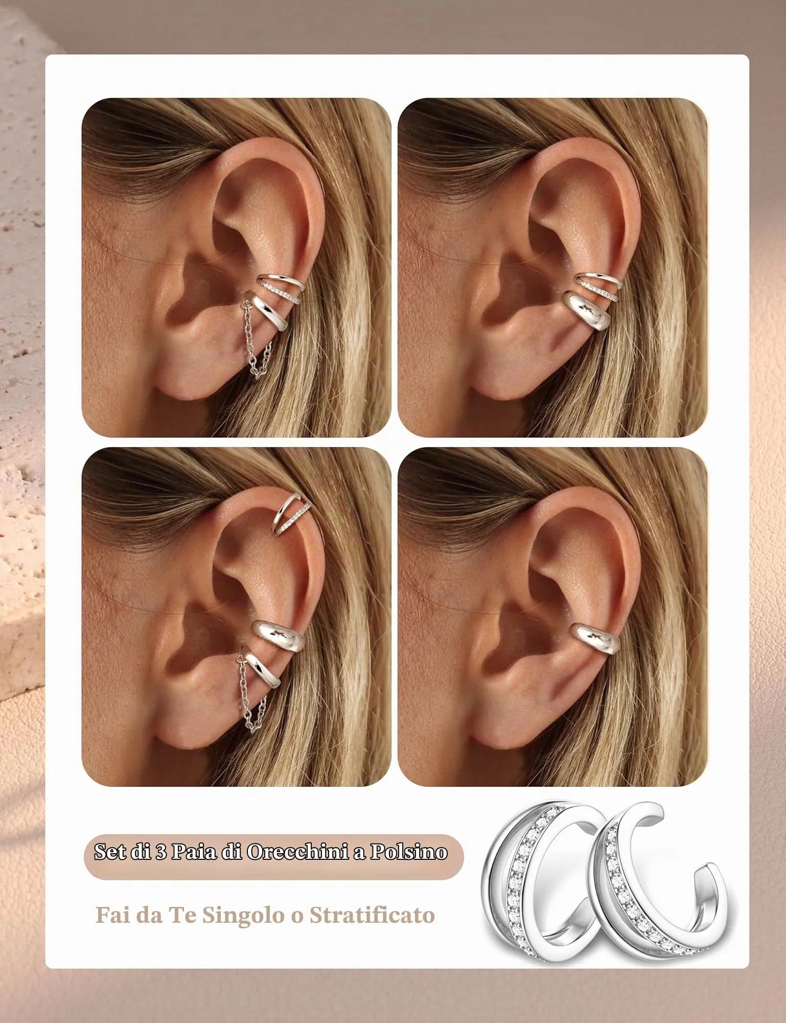 Adramata 3 Paia Ear Cuff Orecchini Donna Senza Buco Regolabili - immagine 3