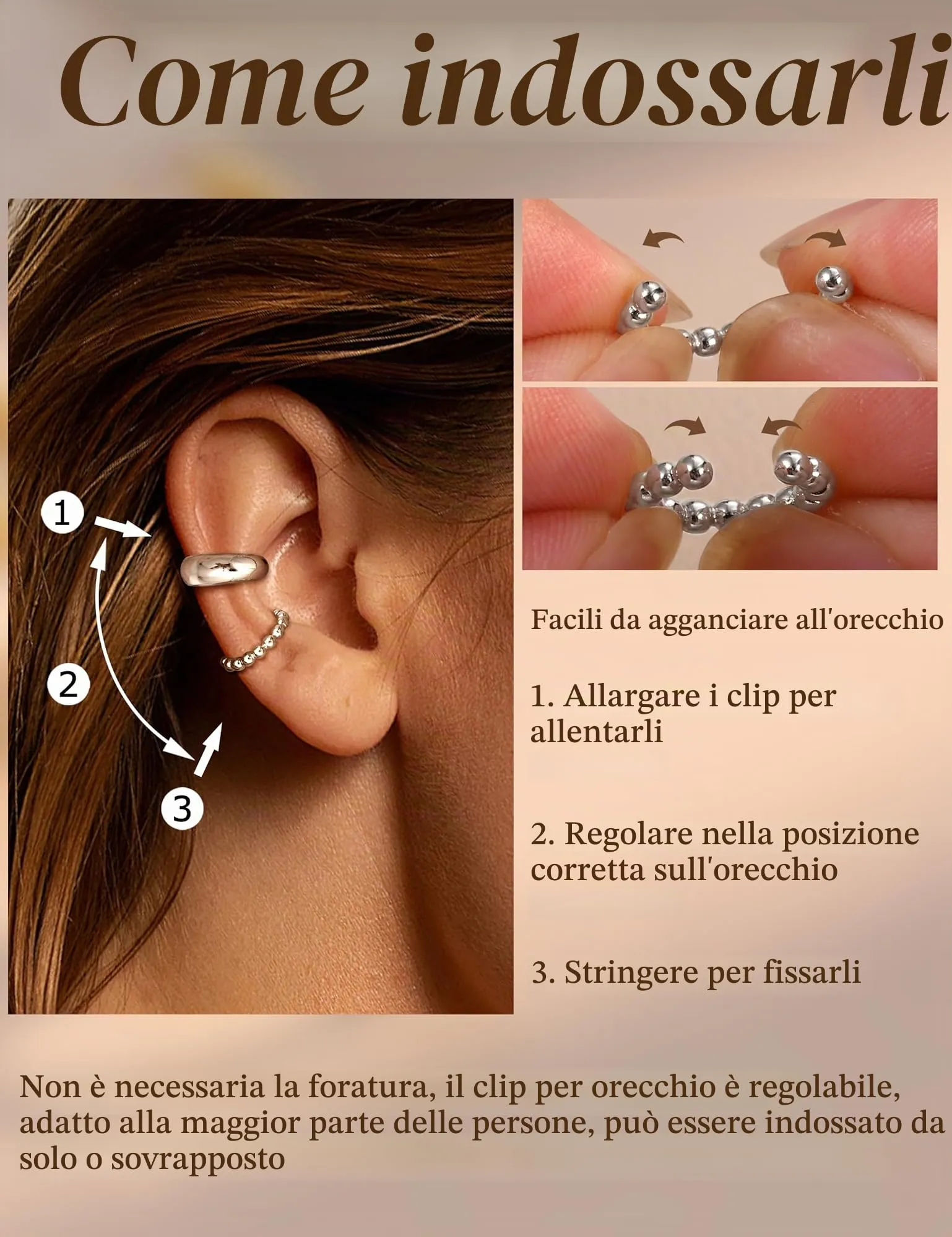 Adramata 3 Paia Ear Cuff Orecchini Donna Senza Buco Regolabili - immagine 6