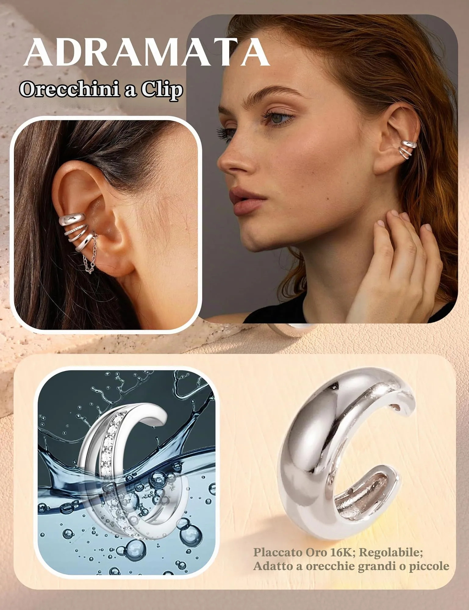 Adramata 3 Paia Ear Cuff Orecchini Donna Senza Buco Regolabili - immagine 7