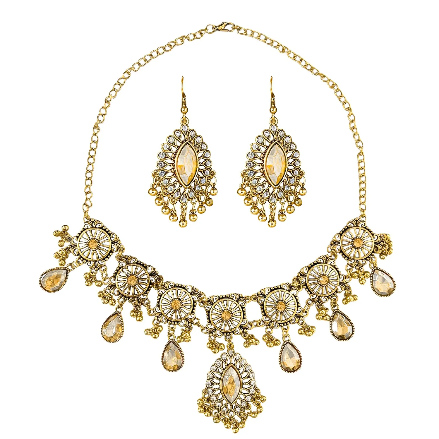 VLYX Set di gioielli indiani per donna, collana e orecchini Jhumka, stile etnico Boho, per matrimoni, feste e accessori festivi (Champagne) - immagine 1
