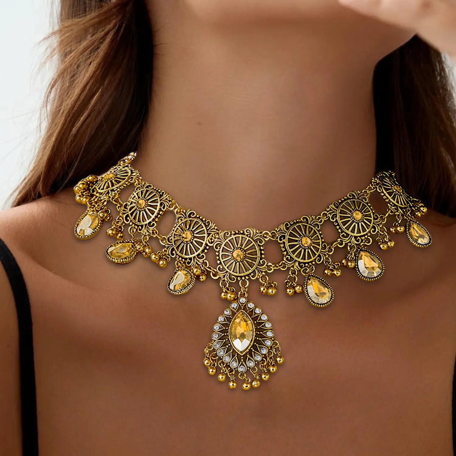 VLYX Set di gioielli indiani per donna, collana e orecchini Jhumka, stile etnico Boho, per matrimoni, feste e accessori festivi (Champagne) - immagine 2