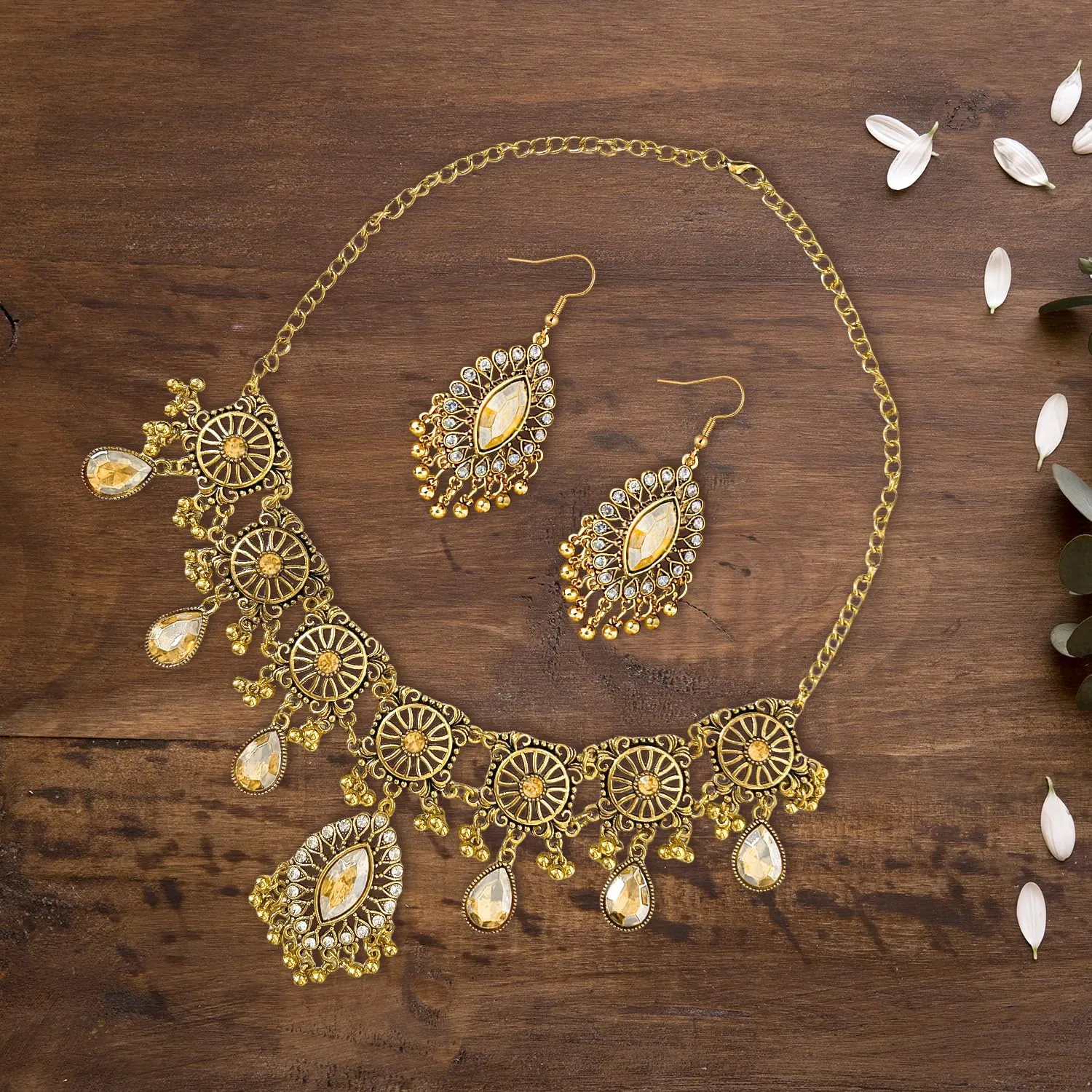 VLYX Set di gioielli indiani per donna, collana e orecchini Jhumka, stile etnico Boho, per matrimoni, feste e accessori festivi (Champagne) - immagine 5