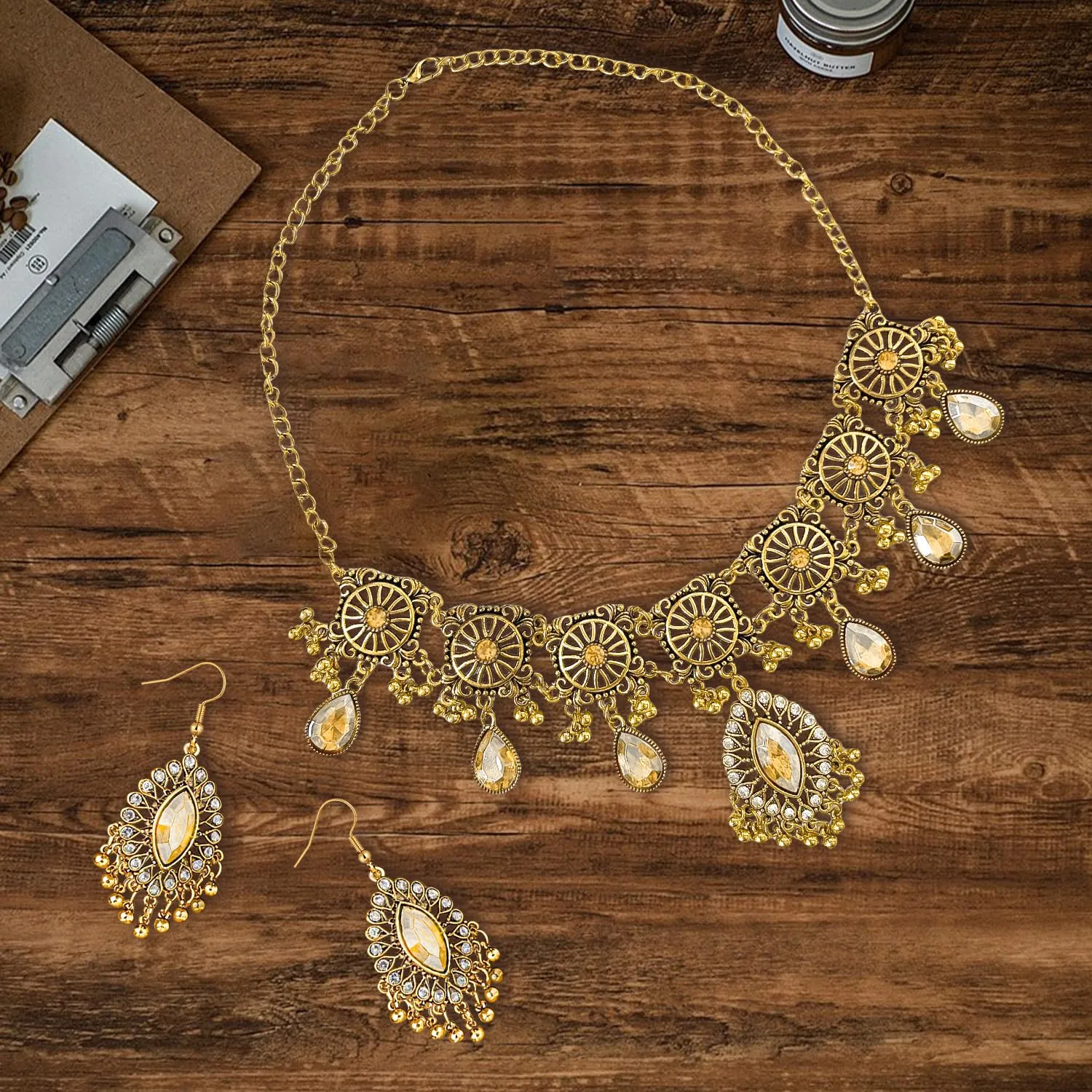 VLYX Set di gioielli indiani per donna, collana e orecchini Jhumka, stile etnico Boho, per matrimoni, feste e accessori festivi (Champagne) - immagine 6