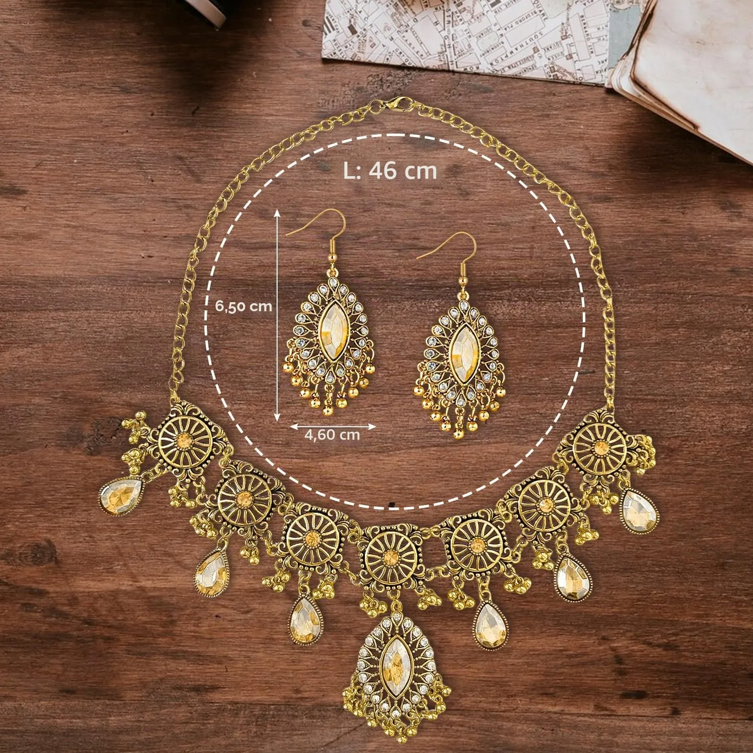 VLYX Set di gioielli indiani per donna, collana e orecchini Jhumka, stile etnico Boho, per matrimoni, feste e accessori festivi (Champagne) - immagine 7