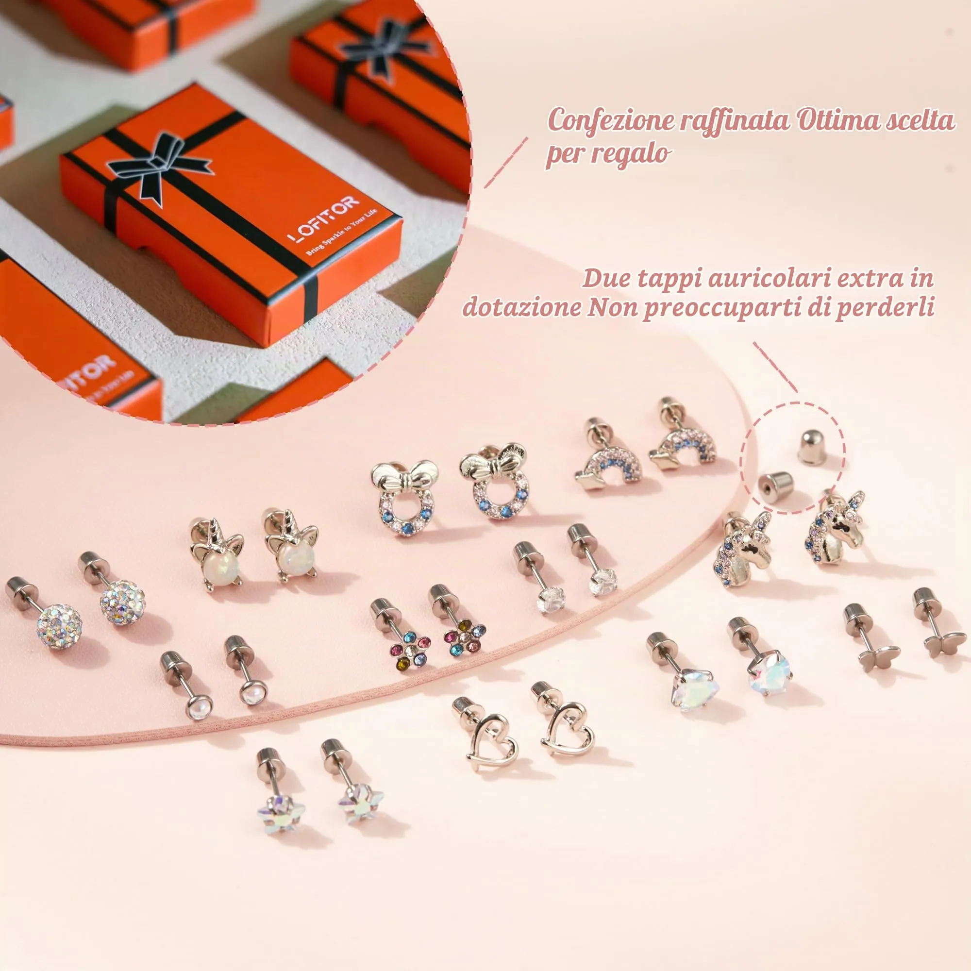 LOFITOR 12 Paia Orecchini a Vite Ipoallergenici, Acciaio Chirurgico 316L, Set CZ Stella Farfalla, Stud Base Piatta, Regalo Gioiello per Donne Ragazze Bambine Colore - immagine 4