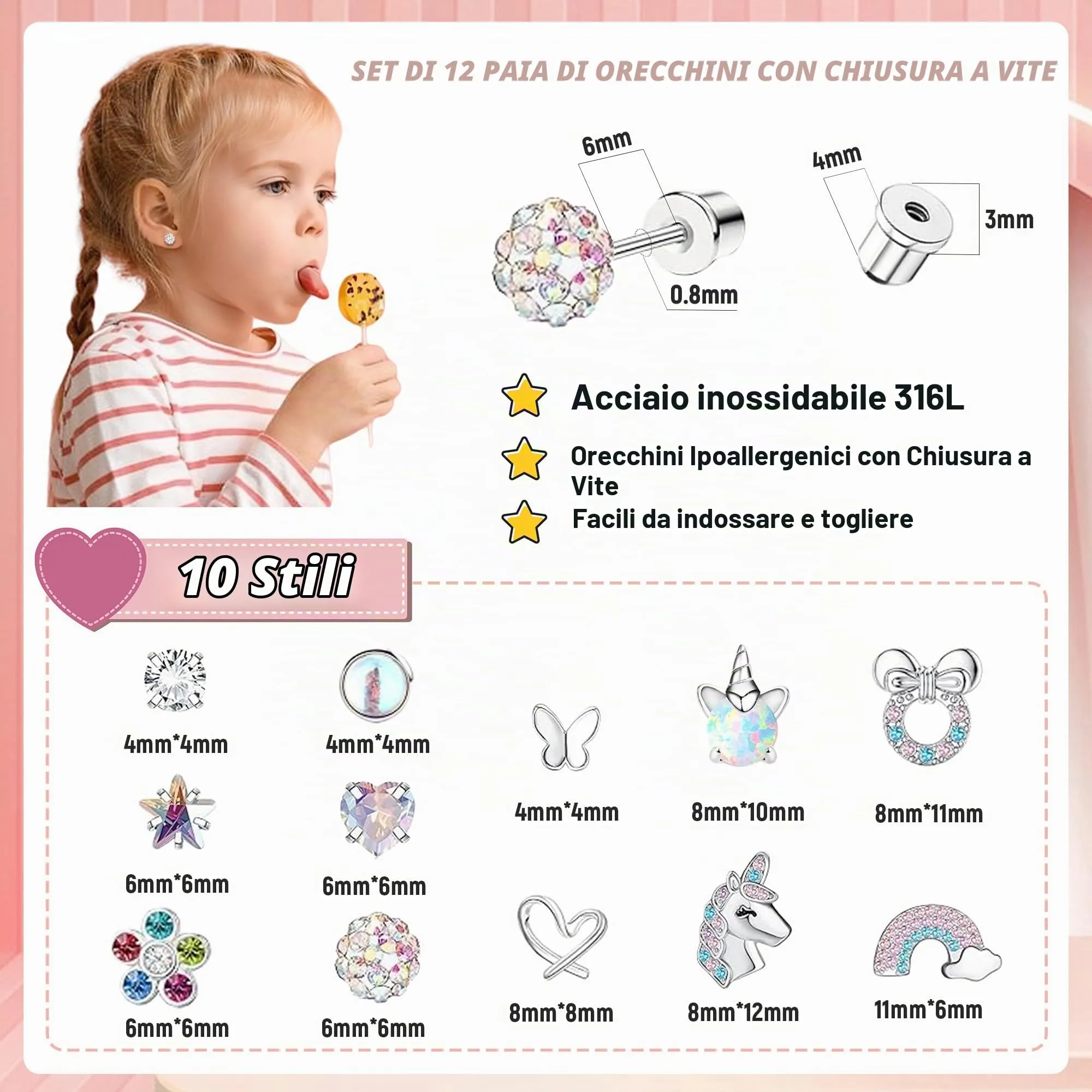 LOFITOR 12 Paia Orecchini a Vite Ipoallergenici, Acciaio Chirurgico 316L, Set CZ Stella Farfalla, Stud Base Piatta, Regalo Gioiello per Donne Ragazze Bambine Colore - immagine 6