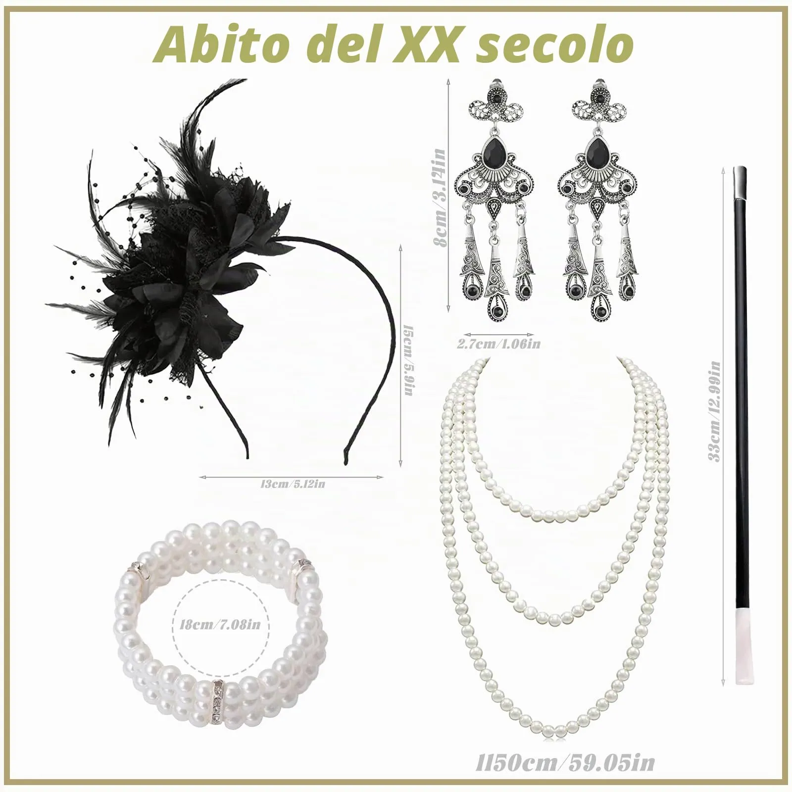 DTAOZFA - Set di accessori anni 20, set di accessori anni 1920 per donne, accessori per abito anni 20, perfetto per carnevale, festa danzante con fascia, bracciale, collana, guanti, orecchini, tubo - immagine 2