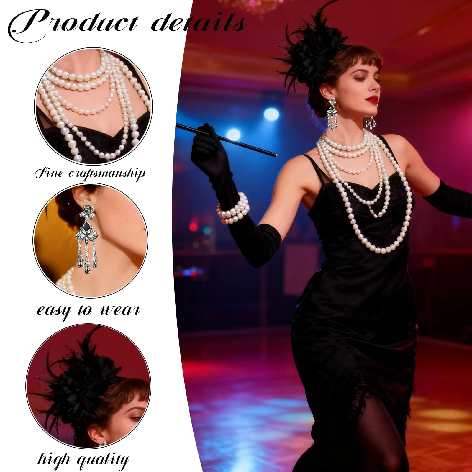 DTAOZFA - Set di accessori anni 20, set di accessori anni 1920 per donne, accessori per abito anni 20, perfetto per carnevale, festa danzante con fascia, bracciale, collana, guanti, orecchini, tubo - immagine 3