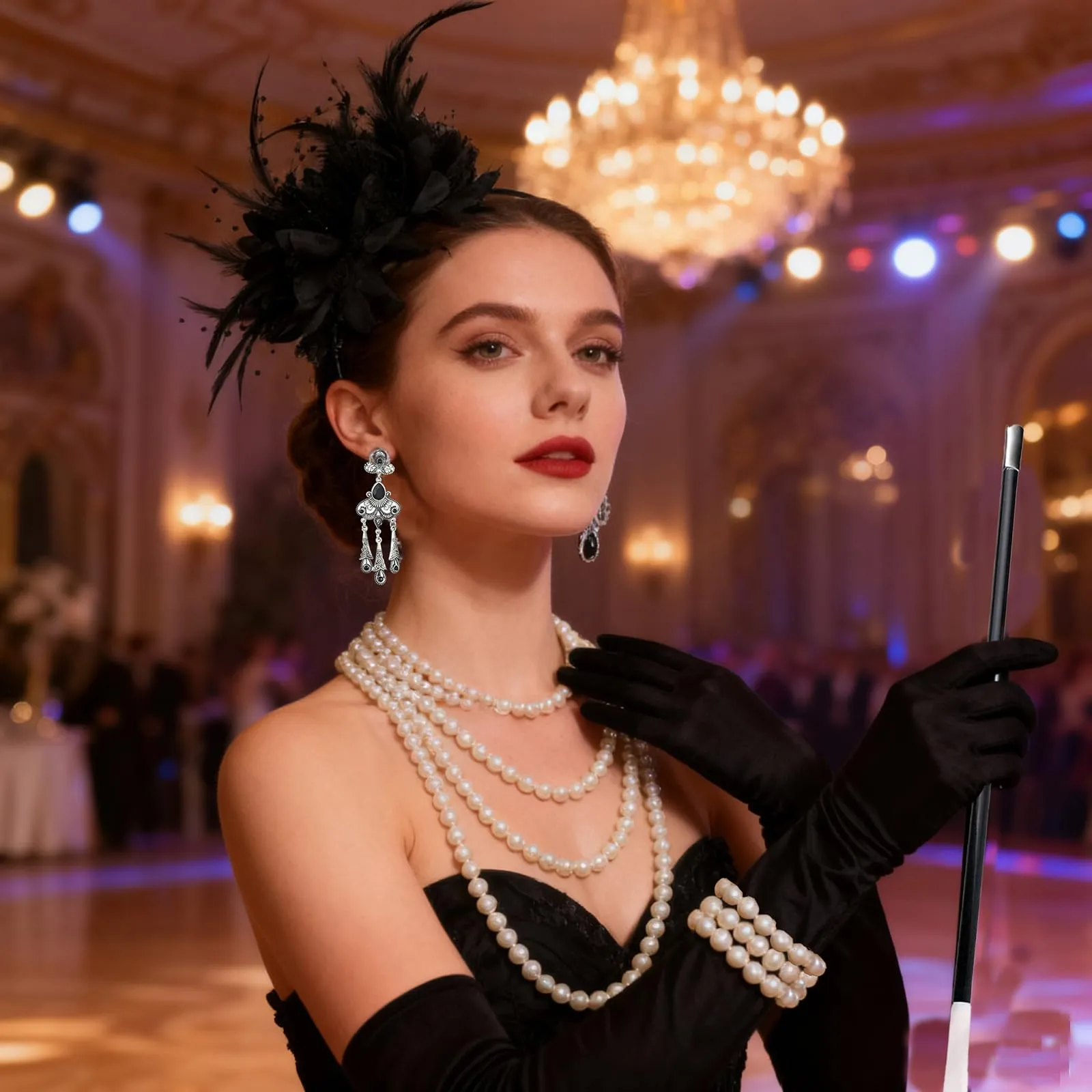 DTAOZFA - Set di accessori anni 20, set di accessori anni 1920 per donne, accessori per abito anni 20, perfetto per carnevale, festa danzante con fascia, bracciale, collana, guanti, orecchini, tubo - immagine 5