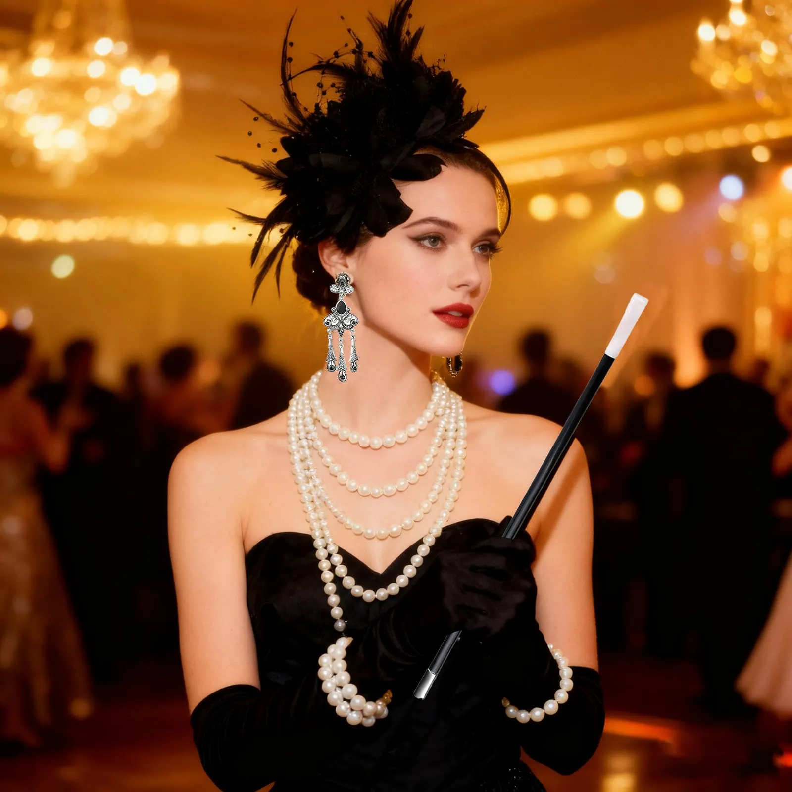 DTAOZFA - Set di accessori anni 20, set di accessori anni 1920 per donne, accessori per abito anni 20, perfetto per carnevale, festa danzante con fascia, bracciale, collana, guanti, orecchini, tubo - immagine 6