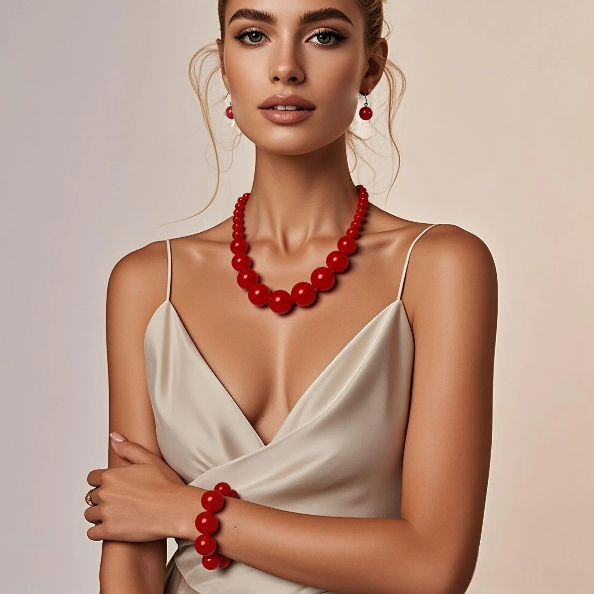 IMINI Gioiello per Donne con Perle Imitazione Collana Vistosa Bracciale Orecchini Collane a Grani con Reggicollo Regolabile Orecchini a Cerchio Gancio Bracciali Elastici Set Gioielli per Natale - immagine 2