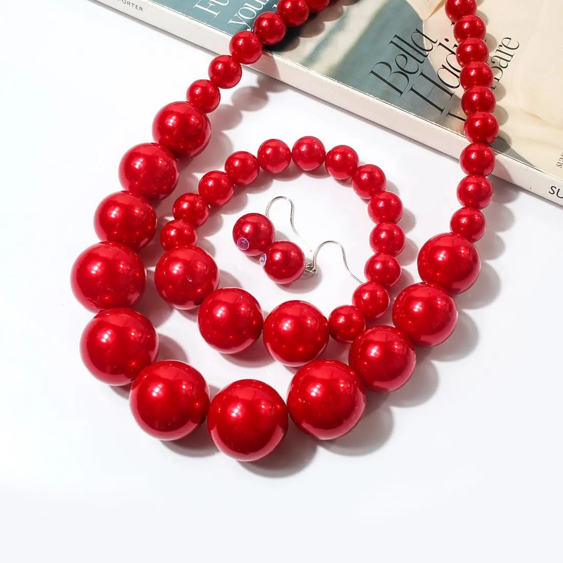 IMINI Gioiello per Donne con Perle Imitazione Collana Vistosa Bracciale Orecchini Collane a Grani con Reggicollo Regolabile Orecchini a Cerchio Gancio Bracciali Elastici Set Gioielli per Natale - immagine 4