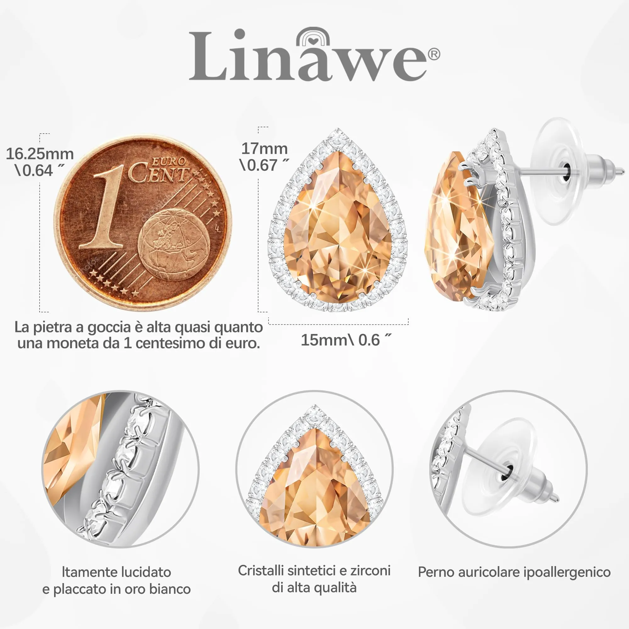 Linawe Orecchini da donna in argento, orecchini a bottone, orecchini pendenti con strass in moissanite con diamante giallo champagne, orecchini glitterati, gioielli alla moda in argento - immagine 2