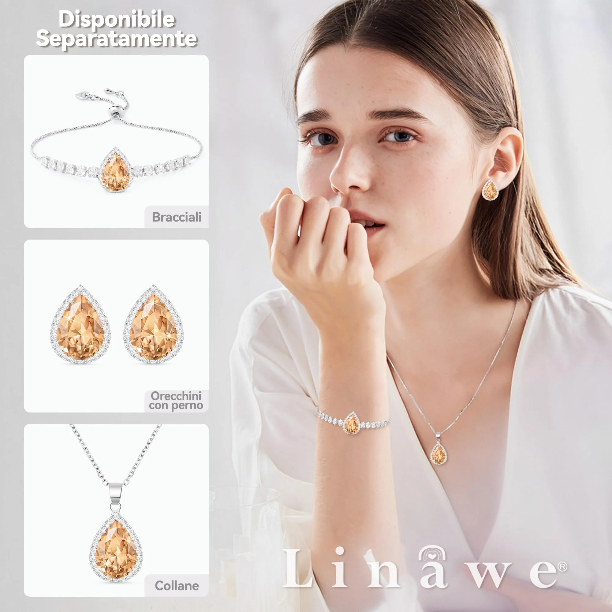 Linawe Orecchini da donna in argento, orecchini a bottone, orecchini pendenti con strass in moissanite con diamante giallo champagne, orecchini glitterati, gioielli alla moda in argento - immagine 4