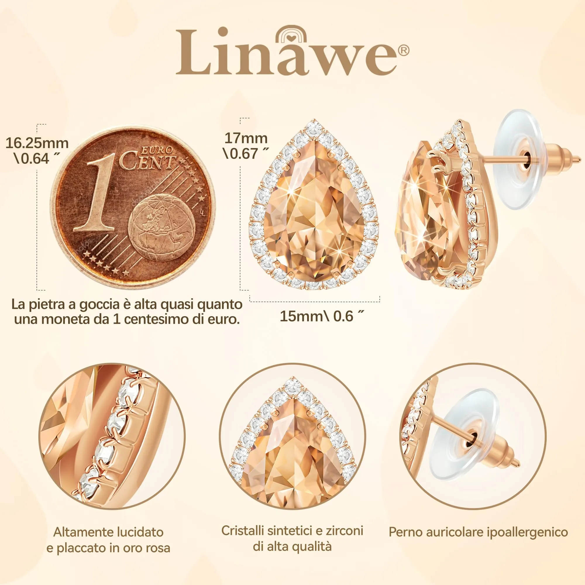 Linawe Set di orecchini pendenti da donna in oro rosa, con diamanti moissanite giallo champagne e strass glitterati, ipoallergenici - immagine 2