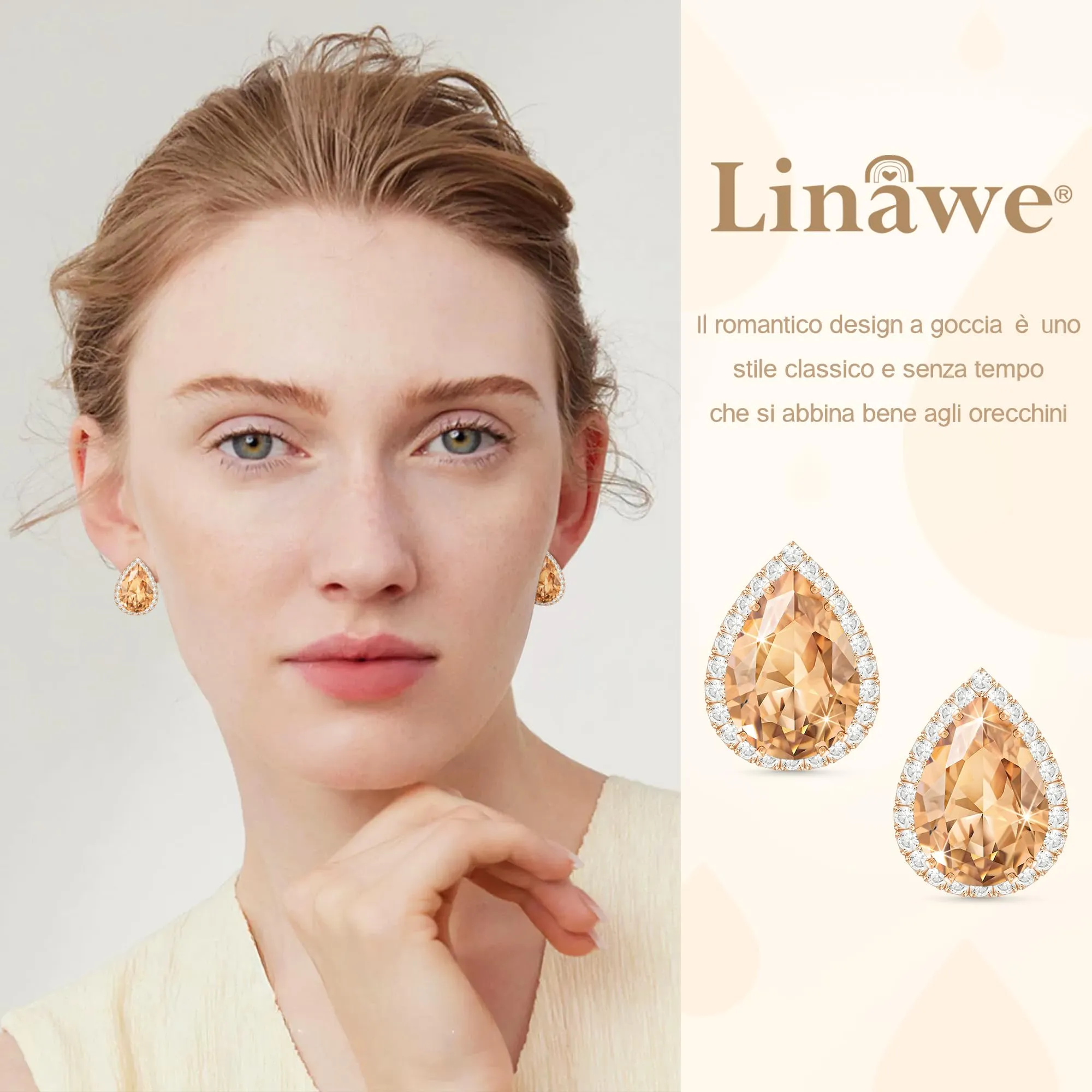 Linawe Set di orecchini pendenti da donna in oro rosa, con diamanti moissanite giallo champagne e strass glitterati, ipoallergenici - immagine 3
