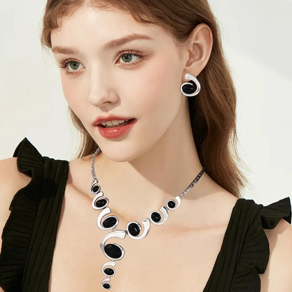 XFSRG Gioielli Donna Set Oro e Argento Nero Stile Boho Western Collana Vintage con Ciondolo Orecchini Abbinati di Lusso Perfetti per Serate Party Look da Effetto - immagine 9