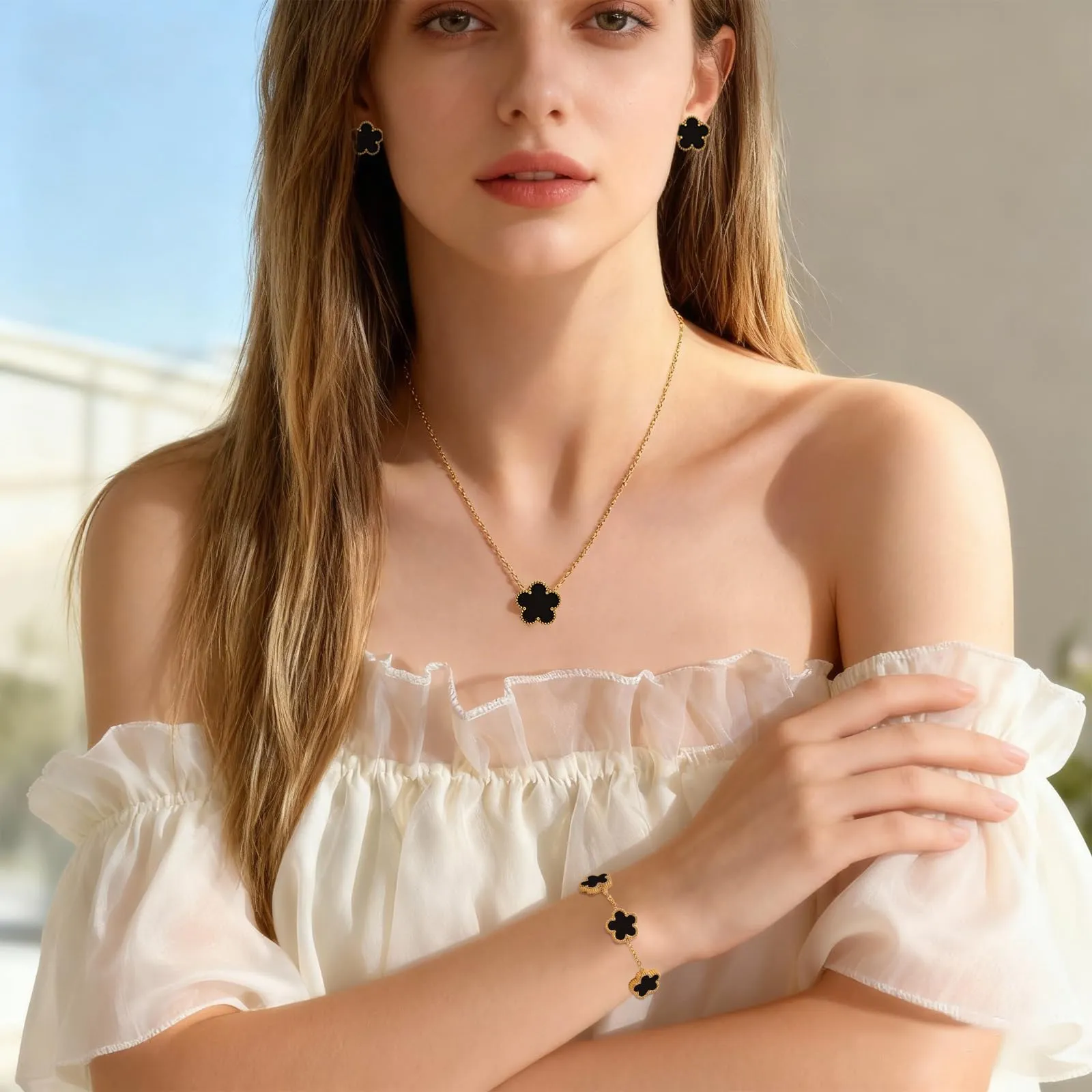 Bcenoilua Parure Gioielli Quadrifoglio da Donna 18K Placcato Oro Fortunato Quadrifoglio Bracciali Collana Orecchini Fiore Set di Gioielli Sposa Regalo per Fidanzata Mamma - immagine 4